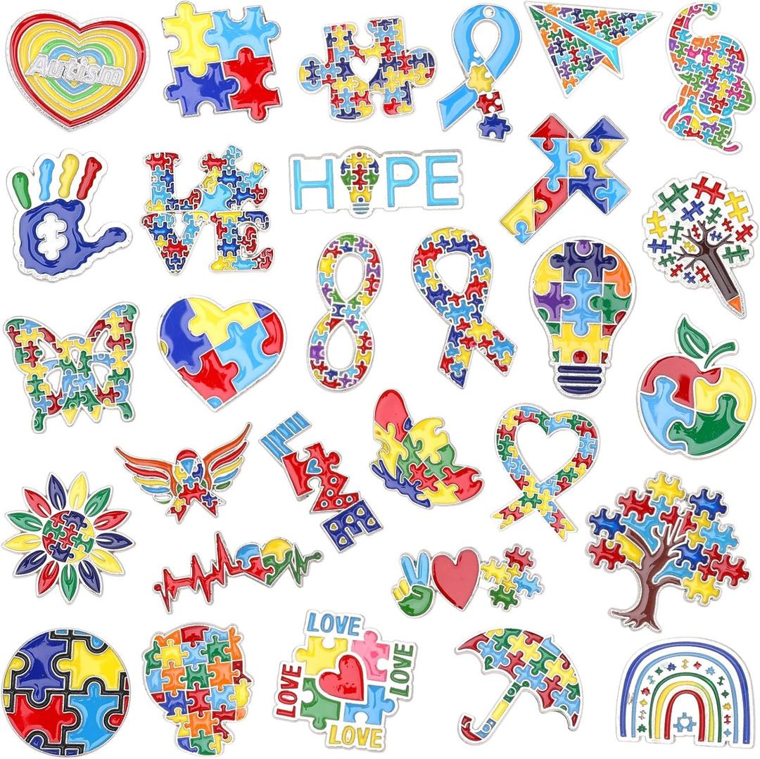 SANNIX 54Pcs Autism Awareness Pins, Autism Lapel Pin Autism Puzzle Enamel Brooch Badge fo Autism Awareness Support Events Clothing Bag Hat Accessories, 30 Styles