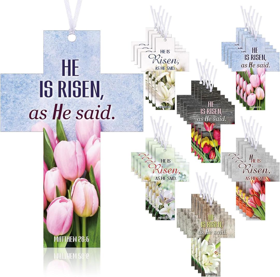Feifeiya 60 Pcs Easter He is Risen Bookmarks Christian Cross Bookmarks Religious Floral Bookmarks for Bible Page Marks Bookmark Giveaways Sunday School Reading Rewards Easter Church Supplies