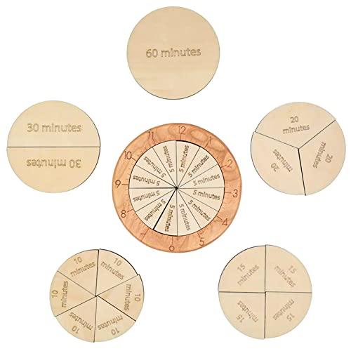 MerryHeart Wooden Time Fraction Learning Clock, Cognitive Clock Education Puzzle Toys for Children, Clock for Kids Learning to Tell Time, Time Fractions Set Up for an Hour, Montessori Materials (Wood)