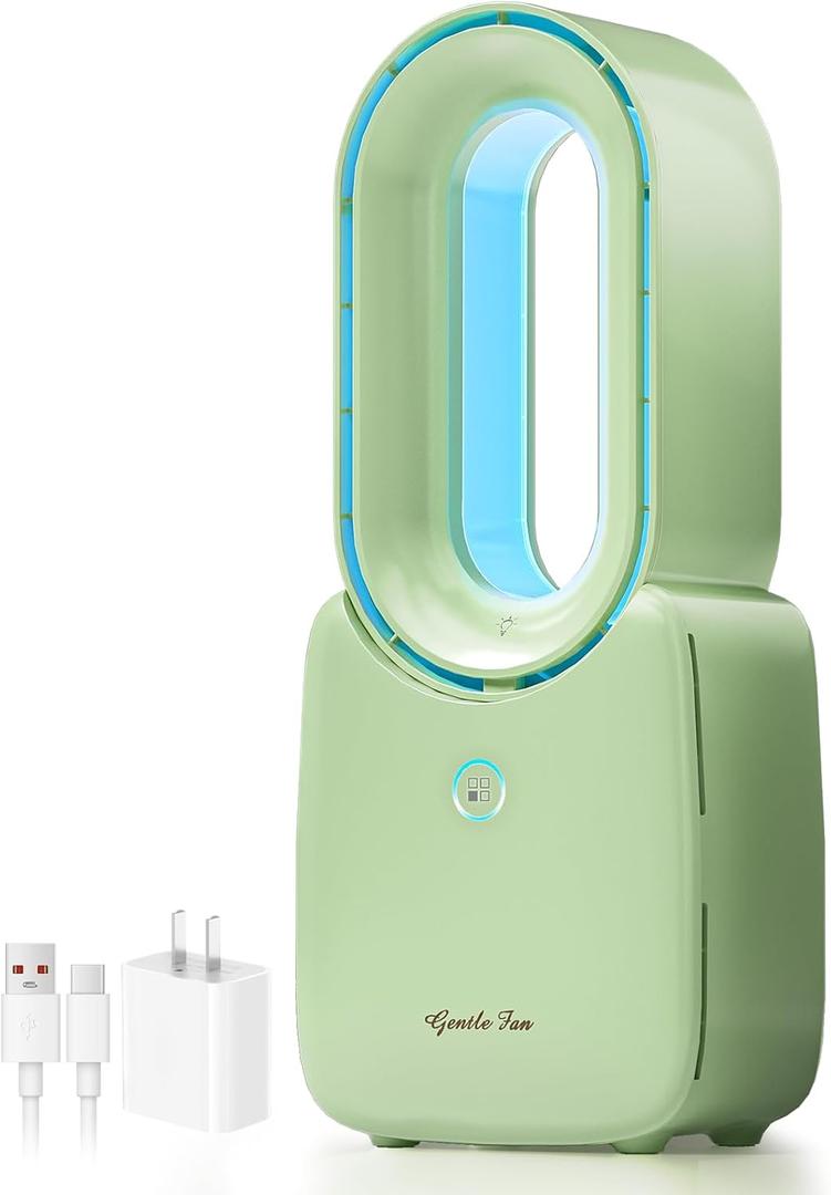Let'me Desk Fan, 11.8 Inch Portable Bladeless Fan Small Personal Cooling Fan with 5 Colors Touch Control LED Light, Quiet USB Table Fan for Home, Office, Bedroom Summer Gift (GREEN)