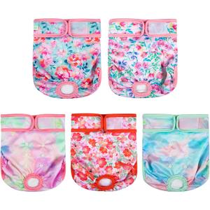 wegreeco Female Dog Diapers, Washable Reusable Pet Puppy Doggie Diapers for Small Medium Large Female Dogs in Heat Period, Doggy Period Panties Large, Blossoms (Large (Pack of 5))