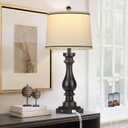 Cinkeda 27.5" Tall Table Lamp for Living Room,Farmhouse Vintage Bedside Nightstand Lamp with USB C+A Ports & AC Outlet,3-Way Dimmable Touch Control Retro Black Lamp for Bedroom,Single Black