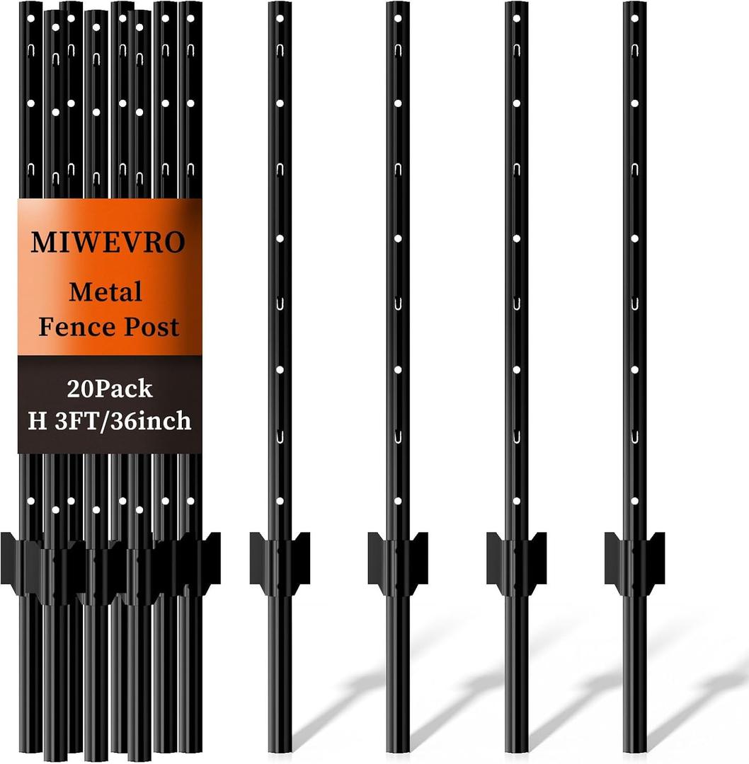 20 Pack Garden Fence Post, 3 Feet Heavy Duty Metal U-Post for Wire Fence, No Dig Garden Fence Stakes for Temporary Fencing, Electric Fence Wire, Corner Anchor, and More-Black