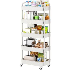 Sywhitta 5-Tier Plastic Rolling Utility Cart with Handle, Multi-Functional Storage Trolley for Office, Living Room, Kitchen, Movable Storage Organizer with Wheels, White Sywhitta 5-Tier Plastic Rolling Utility Cart with Handle, Multi-Functional Storage Trolley for Office, Living Room, Kitchen, Movable Storage Organizer with Wheels, White