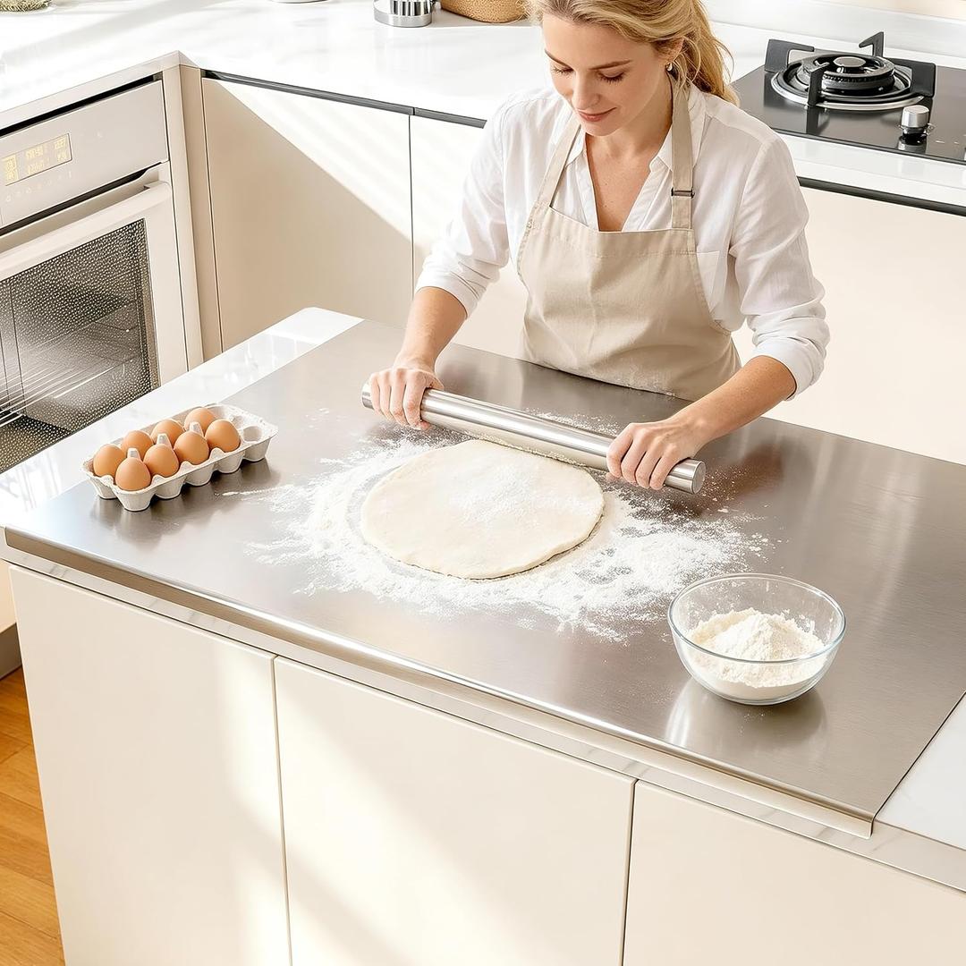 304SS Extra Large Chopping Board w/Lip & Rolling Pin, Steel Cutting Board, 35.4 x 22.8 inches