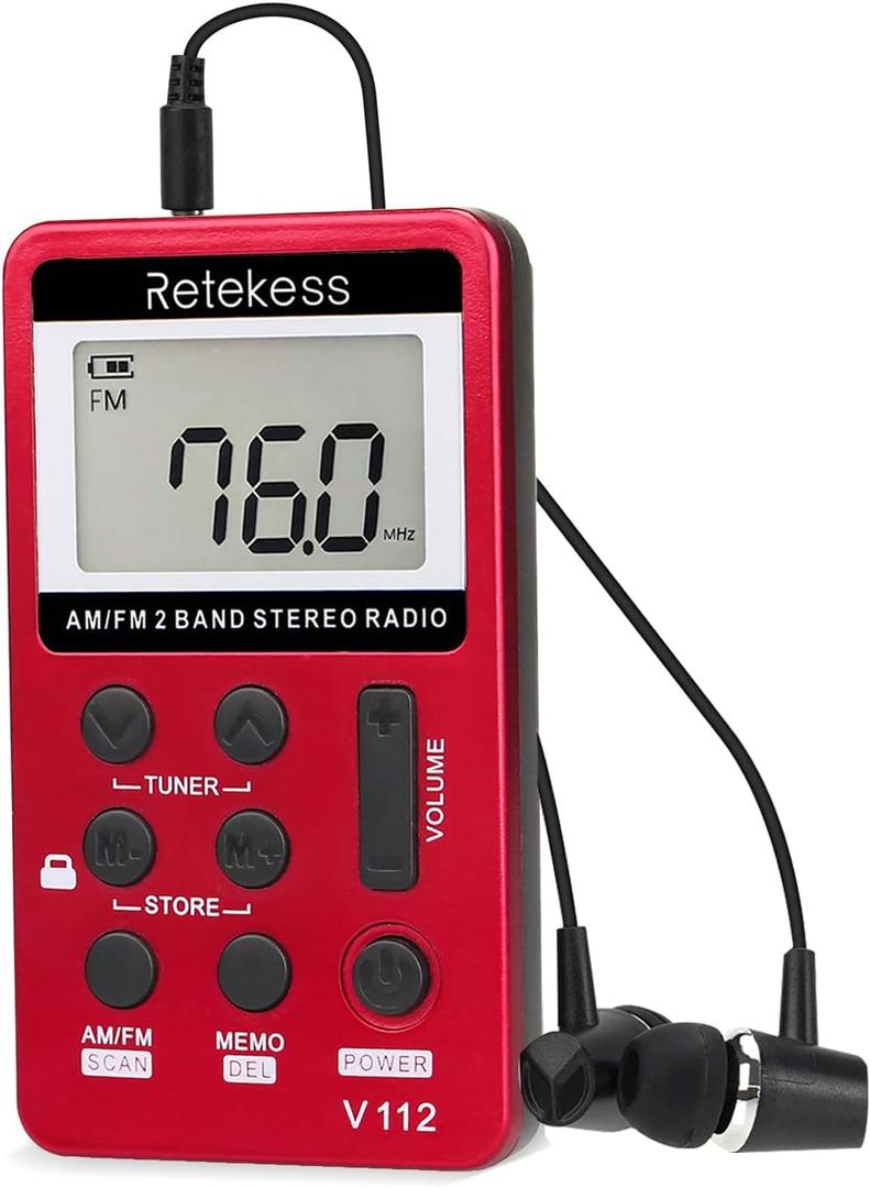 Retekess V112 AM FM Portable Pocket Radio, FM Receiver, Digital Tuning Stereo, with Headphones, Rechargeable Battery, for Walking, Jogging, Training, Church (Red)