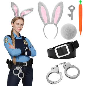 5 Pcs Zoo City Rabbit Costume Accessories Police Role Play Toys Set for Halloween Cosplay Include Carrots Pen Rabbit Ears Headband Belts