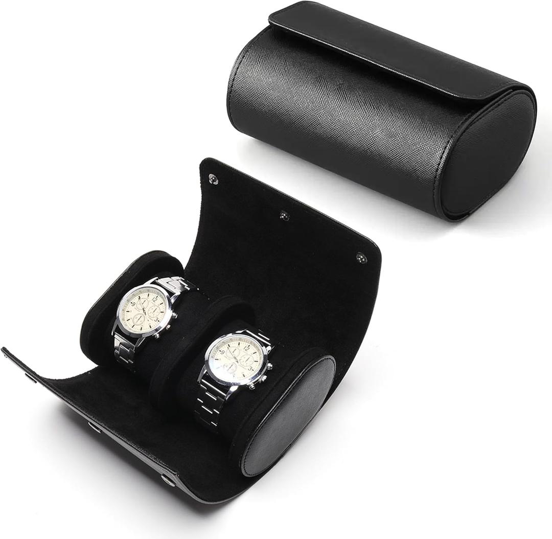 Longjet Watch Roll Travel Case for Men Portable Watches Organizer Box with Removable Velvet Pillow Holder (2 Slot Black Cross)