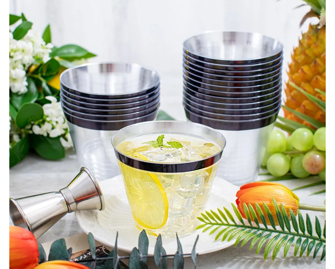 WELLIFE 50 PCS Black Plastic Cups,9 oz Clear Cups for Party and Wedding,Disposable Cocktail Glasses,Plastic Wine Glasses Disposable
