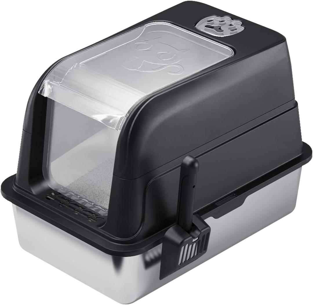Extra Large Litter Box for Big Cats, Stainless Steel Cat Litter Box with High Side, Without Leakage and Stick, Includes Litter Scoop (Black)