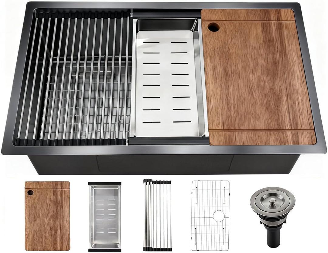30" Black Stainless Steel Workstation Kitchen Sink, Large Single Bowl Drop-In Undermount Farmhouse Sink (Black, 3018), 30*18in