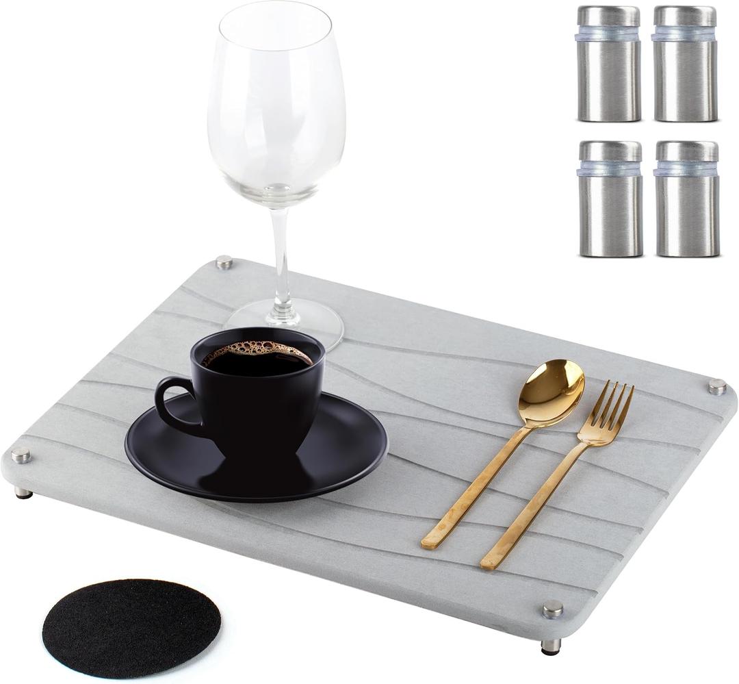 Stone Drying Mat for Kitchen Counter 15.8” x 11.8” - Drying Stone for Kitchen Counter with Non-Slip Stainless Steel Feet, Diatomaceous Dish Drying Mat, Water Absorbing Stone Tray with Sandpaper - 1pk