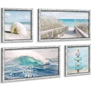 Ocean Pictures Wooden Artwork Framed - Seascape Rolling Wave Painting Multi-Panel Wall Art Prints for Living Room Overall 48"W x 32"H