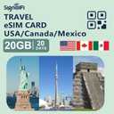 USA Canada Mexico eSIM Card 20GB 20 Days,Data ONLY, No Voice/SMS | Prepaid Card 4G High-Speed Data Plan, Travel eSIM for Tri-Country Coverag, Multi-Carrier for Unlocked iOS and Android