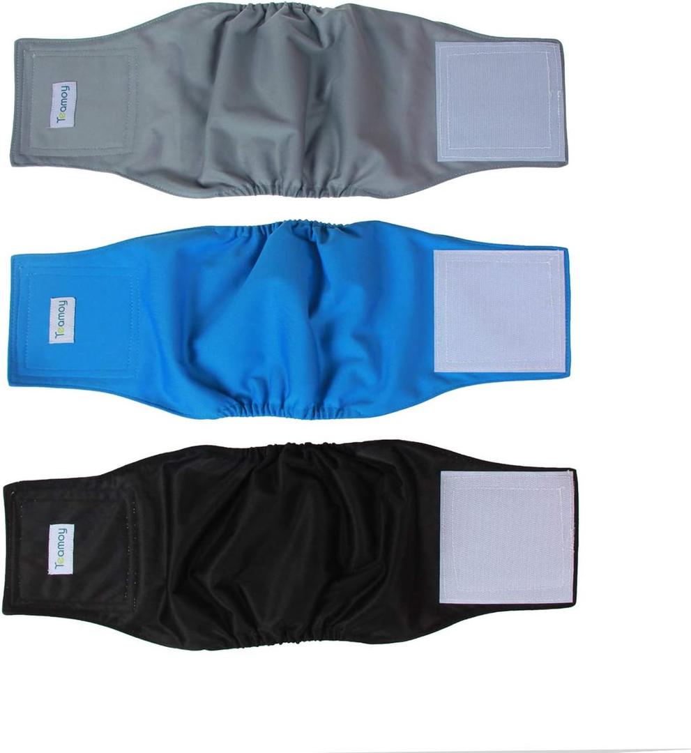 Teamoy Reusable Wrap Diapers for Male Dogs, Washable Puppy Belly Band Pack of 3 (S, 10"-13" Waist, Black+ Gray+ Lake Blue)