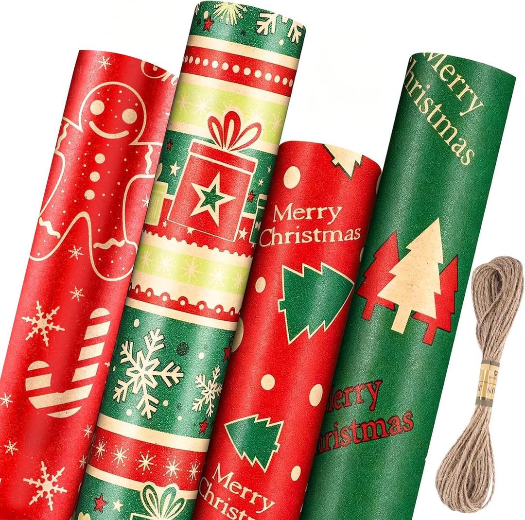 Panigkids Christmas Wrapping Paper Jumbo Rolls, Large Xmas Wrap Paper for Kids Adults, Gift Wrapping Paper Christmas 4 Rolls (17in x 16ft) with Green & Red Christmas Tree