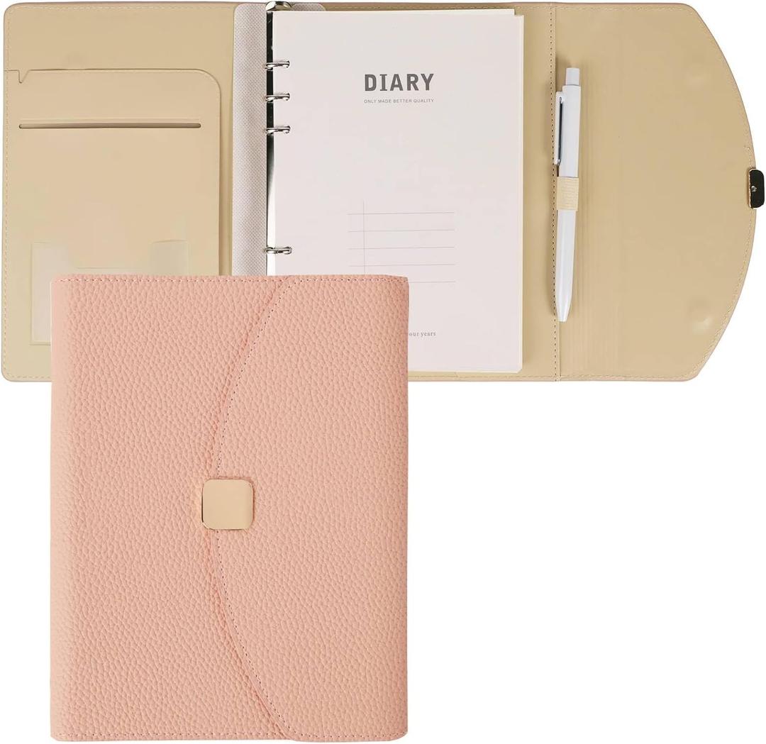 A5 Binder Refillable Planner Notebook 6 Ring, Tri-fold Lychee Grain Faux Leather Organizer with 200 Sheets Lined Inserts, Aesthetic Loose Leaf Binder for Budget, Journal, Photocard Holder (Pink)