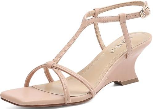TEAIEUI Women's Wedge Sandals Strappy Heels for Women Comfort Wedges Ankle Strap Square Open Toe Heel Evening Wedding Dress Shoes, Size: 11