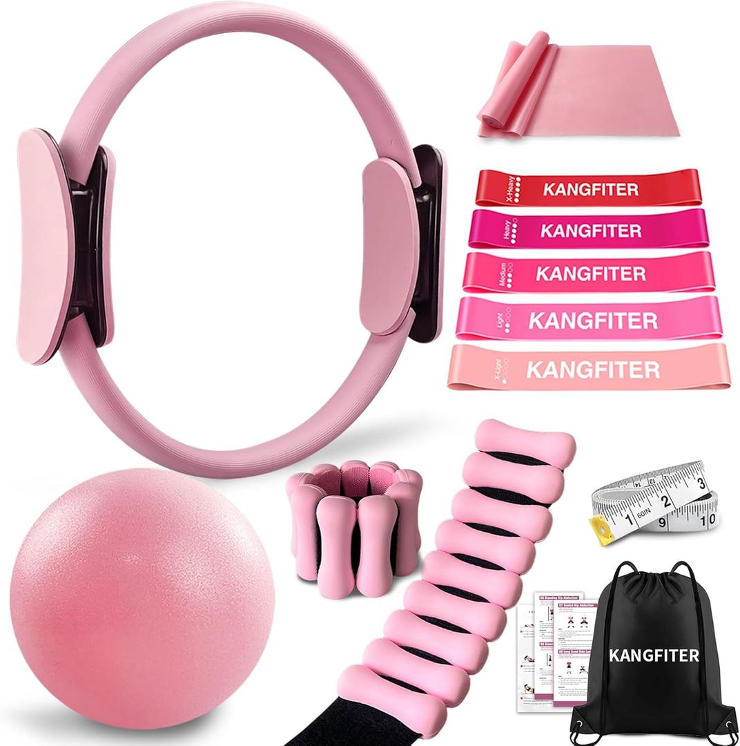 Pilates Equipment Kit for Home Workout, Pilates Ring and Ball Set with Adjustable Ankle Wrist Weights, Resistance Bands, Tape Measure, Bag, Pilates Essentials Accessories for Women Yoga