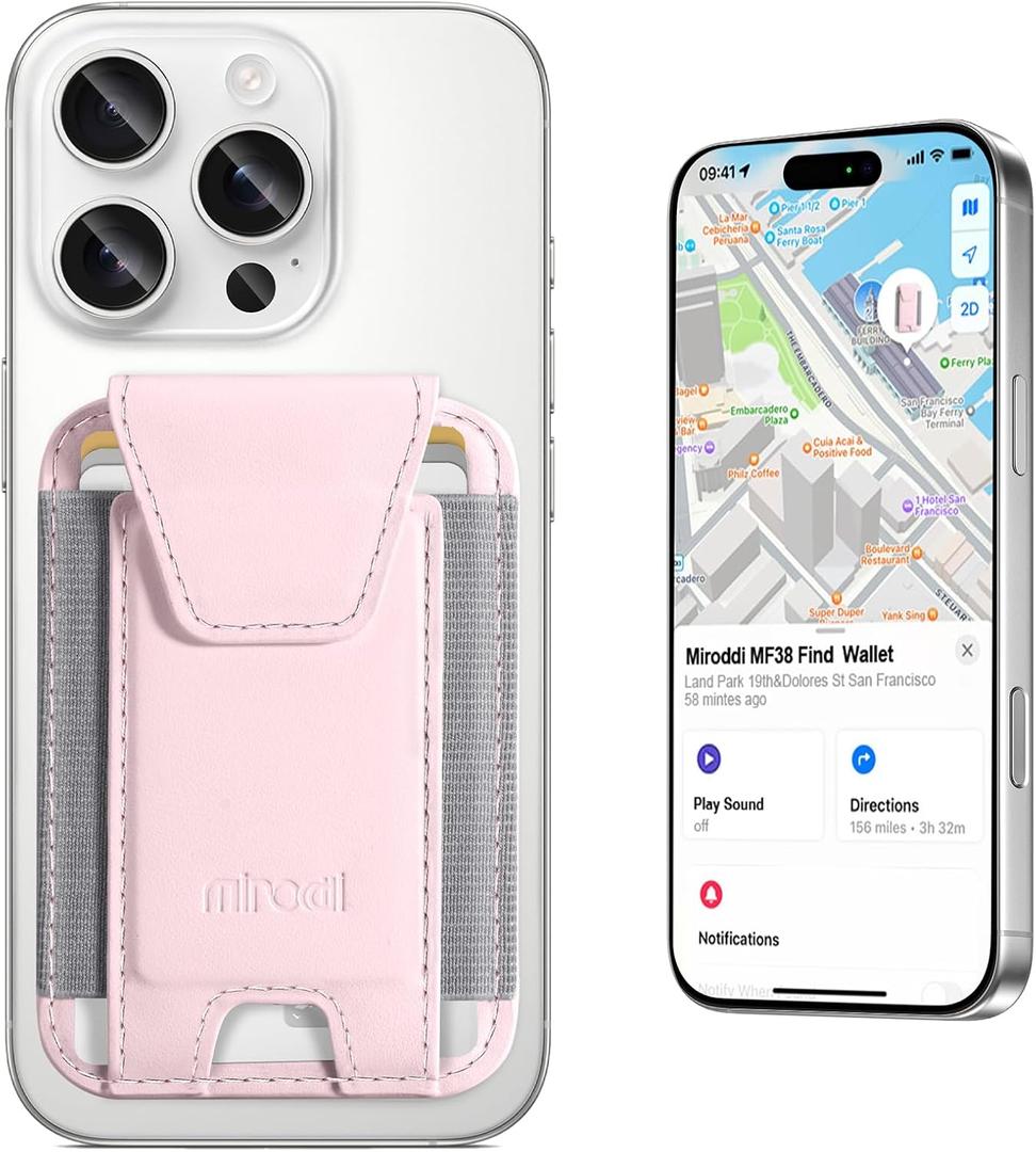Miroddi for MagSafe Wallet, Works with Apple Find My, Magnetic Phone Wallet Tracker for iPhone 16/15/14/13/12 Series, Magnetic Card Holder with Privacy Flap, RFID Blocking, Fit 7 Cards, Pink