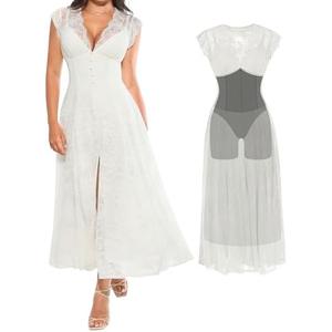 Popilush Women's Formal Wedding Guest Lace Sleeveless V Neck Maxi Shapewear Dress Evening Mother of Bride Split Dresses, S