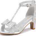 Girl Dress Shoes Girls High Heel Sandals Pump Open Toe T Strap Rhinestone Sandals Wedding Party Prom Shoes Little Big Kids