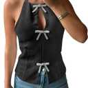 Tankaneo Womens Cute Bow Halter Tank Tops Sexy Keyhole Backless Slim Fit Crop Tops Y2k Summer Sleeveless Cami Shirts (Small, Black)