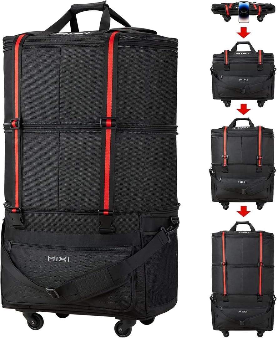 mixi Travel Bag with Wheels Expandable Foldable Luggage Bag Collapsible Rolling Travel Bag Duffel Bag Large Capacity Suitcase for Men Women, Black, 11.81 Inches X 19.68 Inches X 4.72 Inches