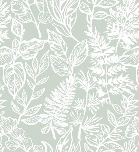Safiyya Leaf Peel and Stick Wallpaper Sage Green and White Contact Paper Peel and Stick 17.3"x 78.7" Wall Paper Modern Farmhouse Self Adhesive Removable Wallpaper for Bedroom Bathroom Vinyl Roll
