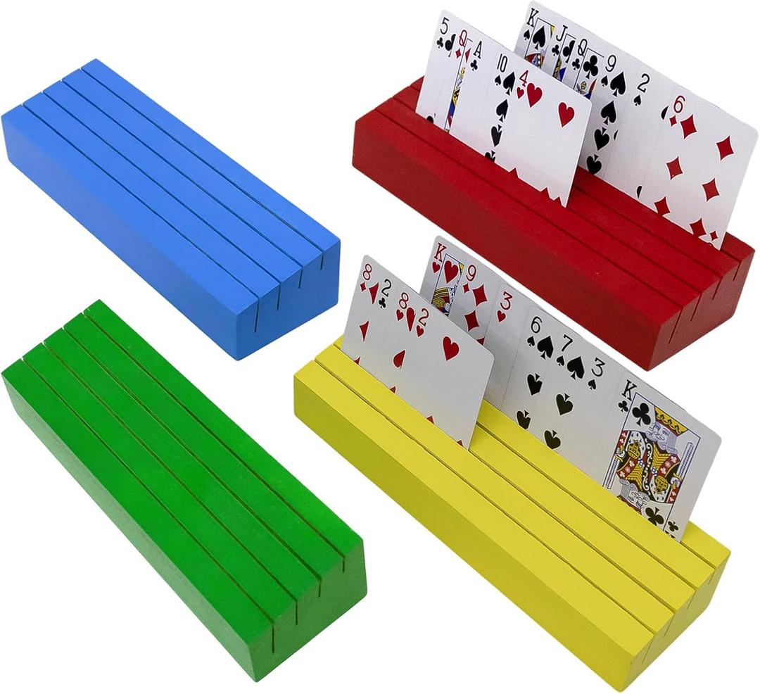 Playing Card Holders Deck Stand, Play Cards Holder for Kids or Elder People, Hands-Free Wood Holder Racks,Tray for Organizing Cards (4 Pack-Multicolored)