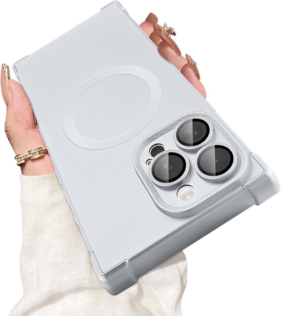 Magnetic for iPhone 14 Pro Case Rectangle, with Camera Lens Protector, Compatible with MagSafe, Shockproof Military-Grade Protection, Soft Silicone Cover for Women Men, Silver