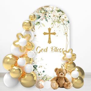 God Bless Arch Cover Backdrop First Holy Communion Christening Party Backdrop 6FT Double Printed Cover Yellow Garland Stretchy Back Cover Spandex Cover Photography Backdrop Photo Booth
