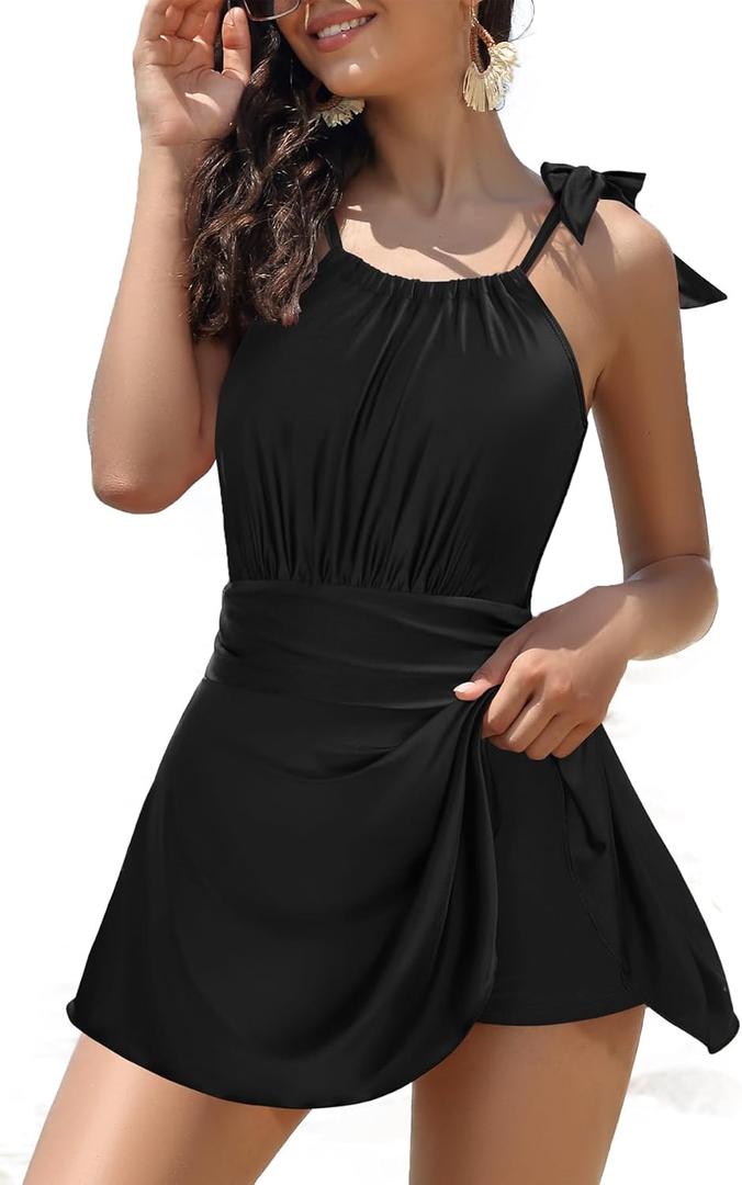 SHEKINI Women's High Neck One Piece Swimdress Floral Swim Dress Bandage Swim Skirt (Medium, Black-1)