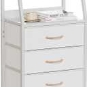 Furnulem White Nightstand with 3 Drawers and 2-Tier Shelf, Small Night Stand End Table Side Furniture, Fabric Storage Organizer for Bedroom, Closet, Hallway, Nursery, Sturdy Steel Frame, Wood Top