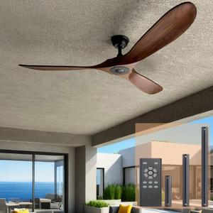 Solid Wood Ceiling Fans Without Light, 60 Real Wood Ceiling Fan with Remote Control, 3 blade,Natural Wood Ceiling Fan Waterproof, Outdoor Fans for Patio,Bedroom,Ventilador de techo de madera sin luz (Deep Walnut Blades + Black Body)
