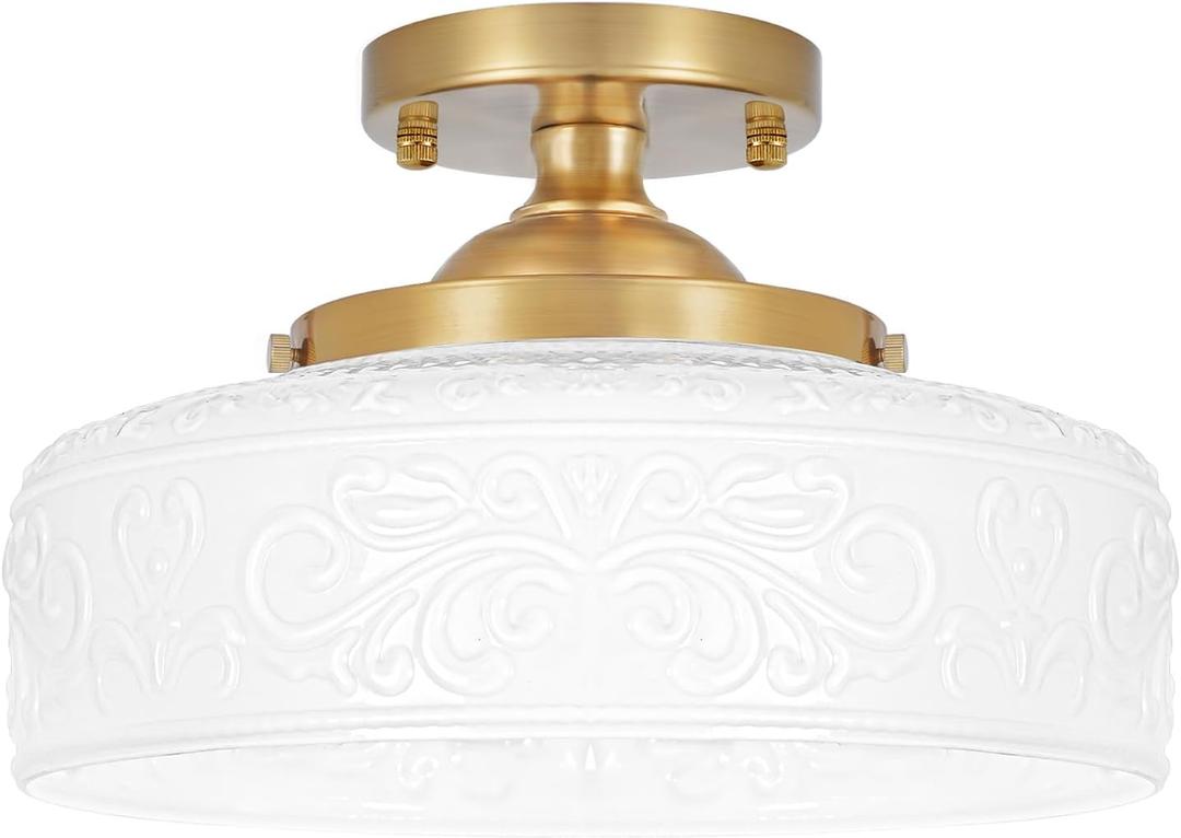 Gold Semi Flush Mount Ceiling Light with Hand-Carved Design - 12 Inch Vintage White Glass Shade with Etched Patterns, Easy Install 3-Light Fixture for Hallway, Kitchen, Bedroom