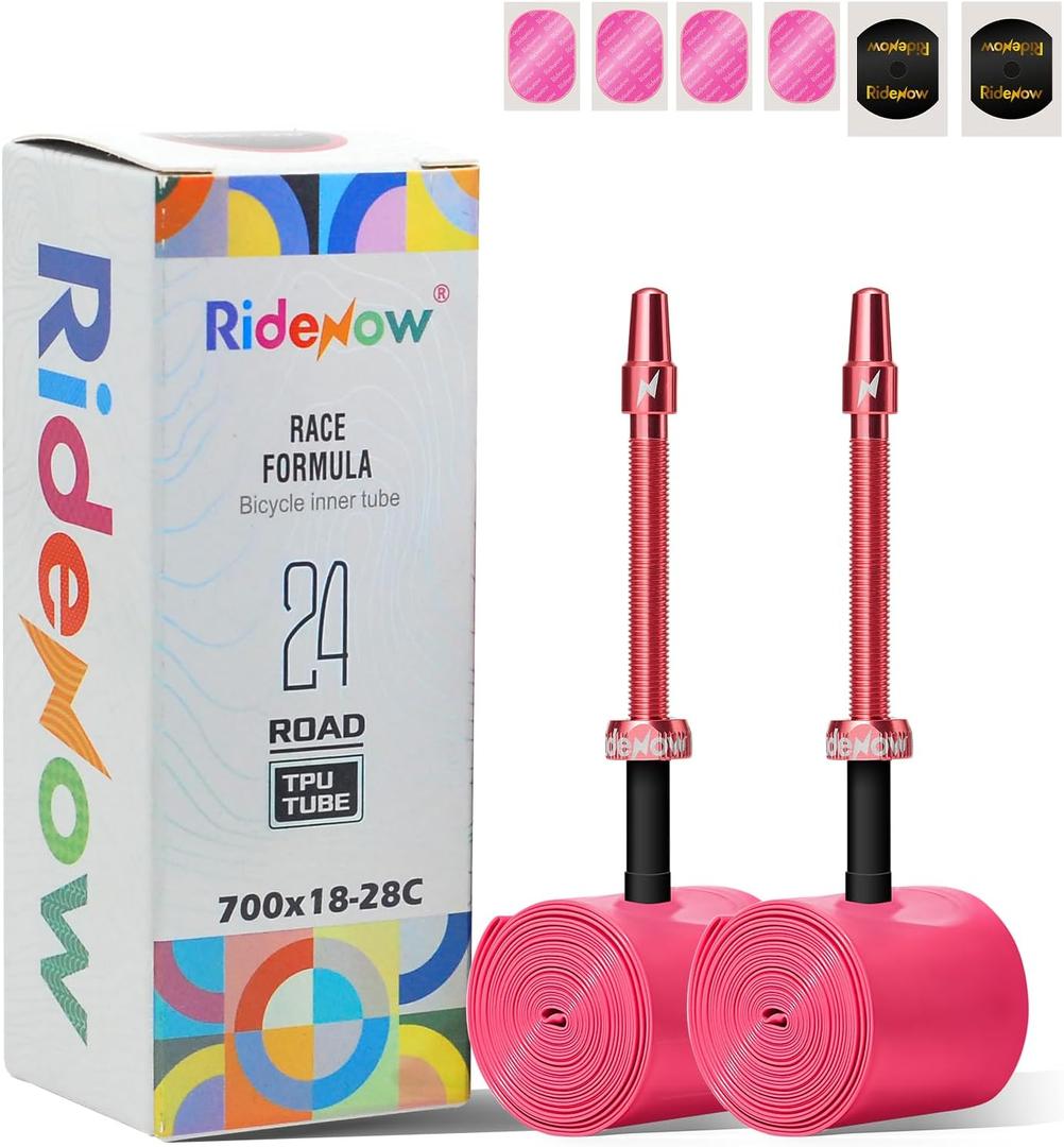 RideNow Bike Tire Tube for Road/MTB/Fatbike/Gravel/BMX, Bike Inner Tube with 45/65/85mm Presta Valves, Ultra-Light & Puncture Resistant TPU Inner Tube(Include Patch Repair Kits) (road 700/18C-28C 24g, 2 pack 65mm metal valve)