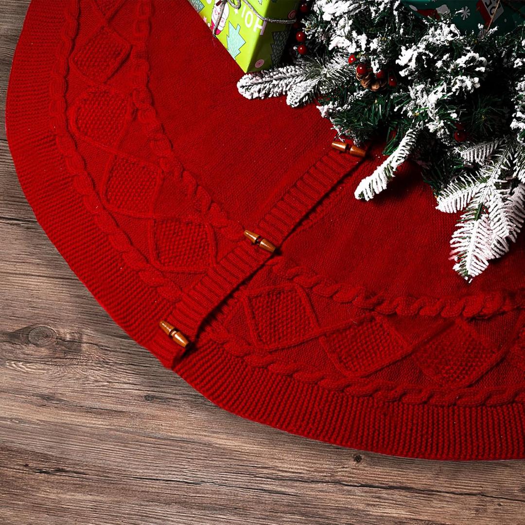 Lorehelina Knitted Christmas Tree Skirt, 48 Inch Cable Knit Design, Thick Rustic Fabric, Farmhouse Xmas Holiday Decoration, Luxury Home Party Decor Red