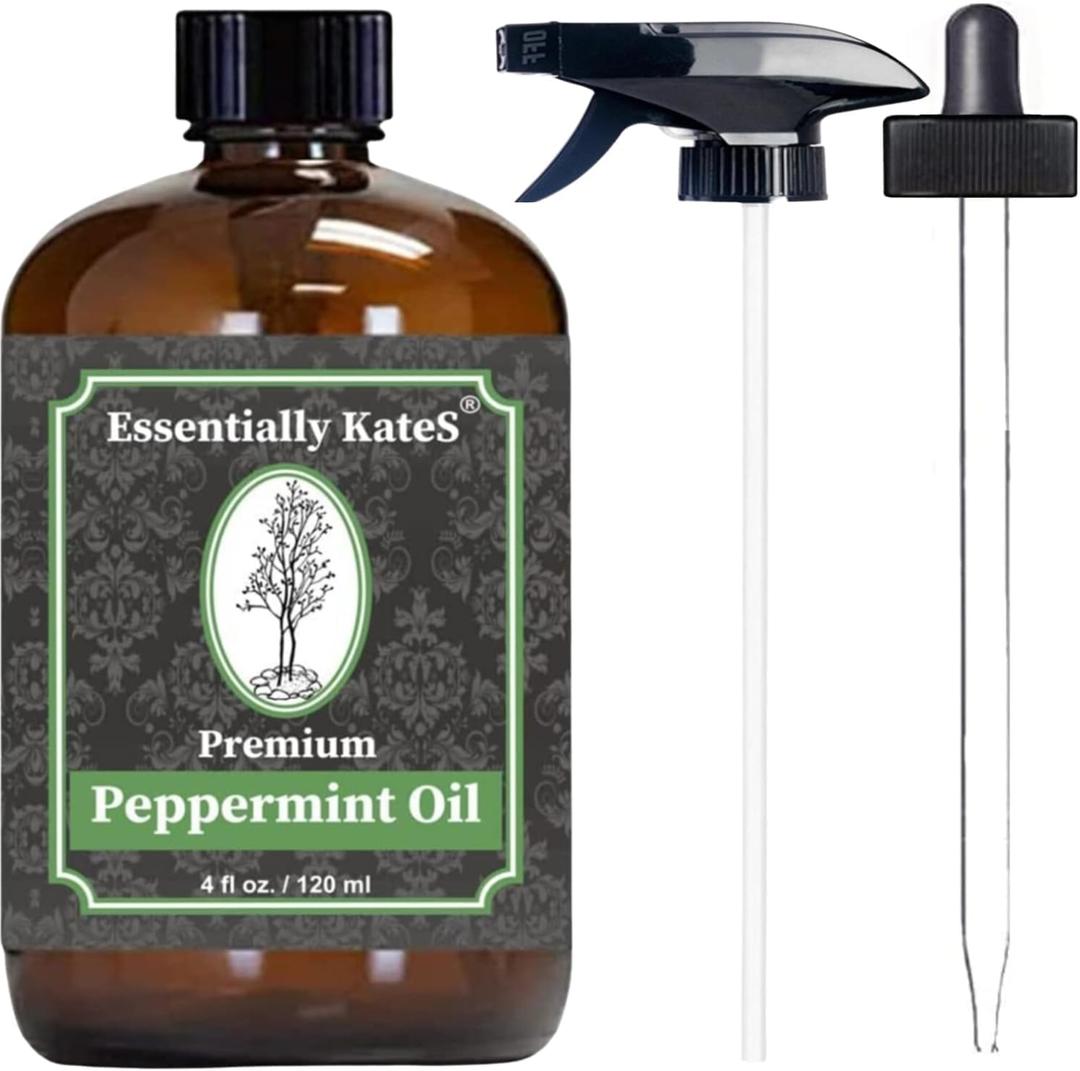 Peppermint Essential Oil 4 oz. with Huge Glass Bottle, Glass Dropper, and Sprayer. Detailed User's Guide E-Book. Skin Care, Garden Care, and Hair Care, Best By: Aug. 1, 2028