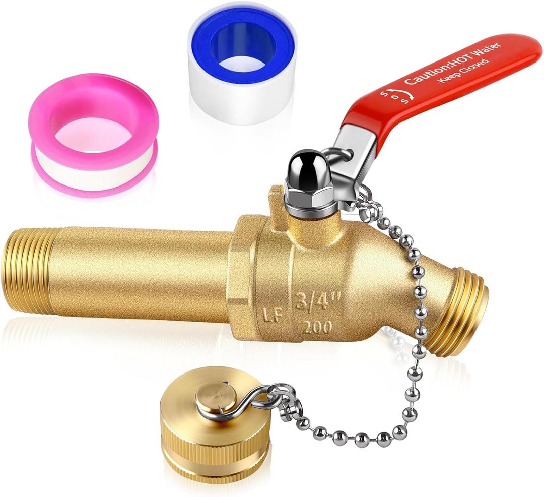 Boltigen Full Port Water Heater Drain Valve, 3/4NPT Inlet x 3/4GHT Outlet Lead-Free Brass High Flow Hot Water Heater Tank Drain Valve with 3inch Shank, 180 Degree Handle (3 inch shank)