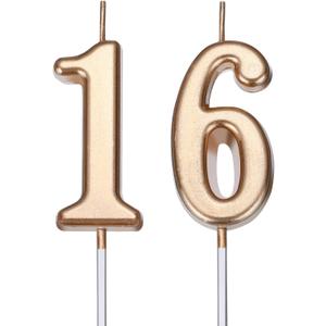 16th Birthday Candles Cake Number Candles Happy Cake Topper Decoration for Birthday Wedding Anniversary Celebration Party Favor, 3.54 Inches Total Length (Champagne Gold)