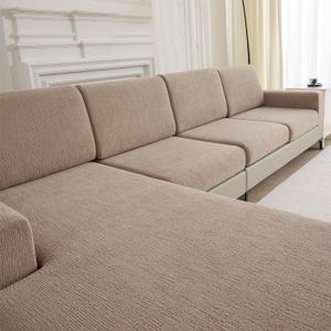 Couch Cushion Covers for Sectional Sofa Stretch Sofa Slipcovers Washable Wear-Resistant Sectional Couch Covers L Shaped Seats Furniture Protectors for Pets(Khaki, 3 Seater+1 Chaise)