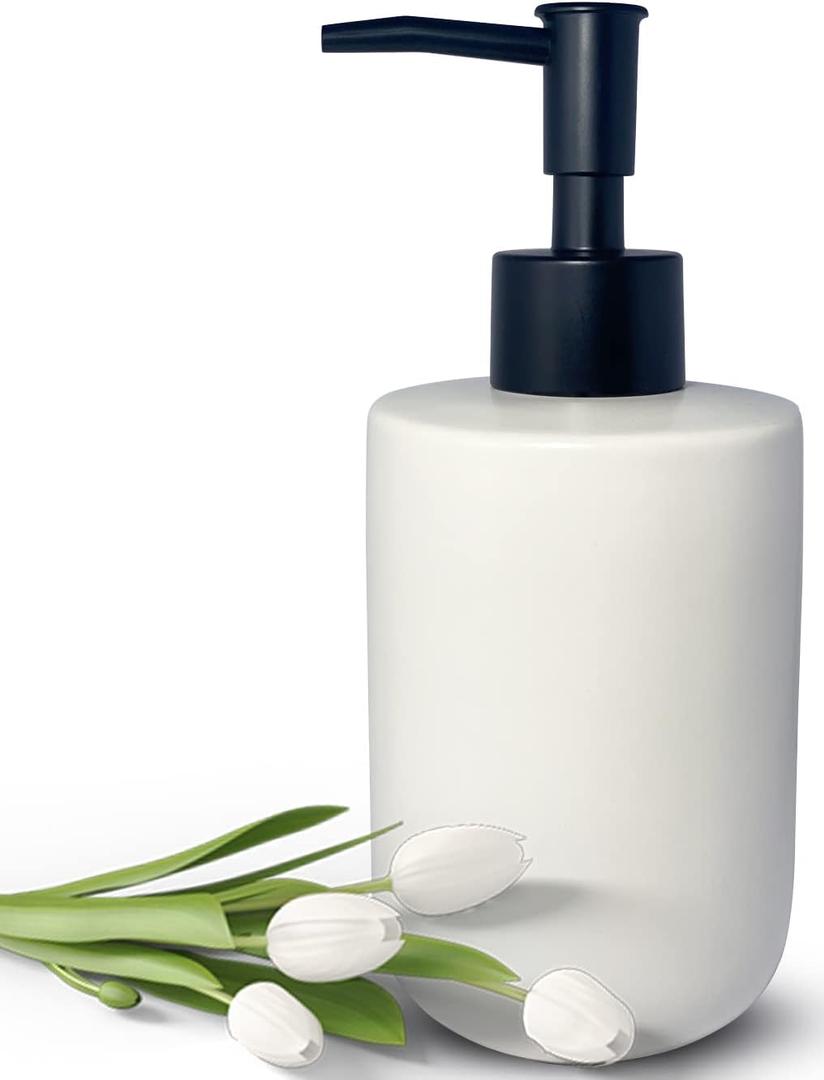 White Soap Dispenser with Matte Black Pump for Bathroom,Minimalist Modern Design Cylindrical Lotion Dispenser,12oz Ceramic Hand Dish Soap Dispenser,Refillable Liquid Dispenser for Kitchen (White)
