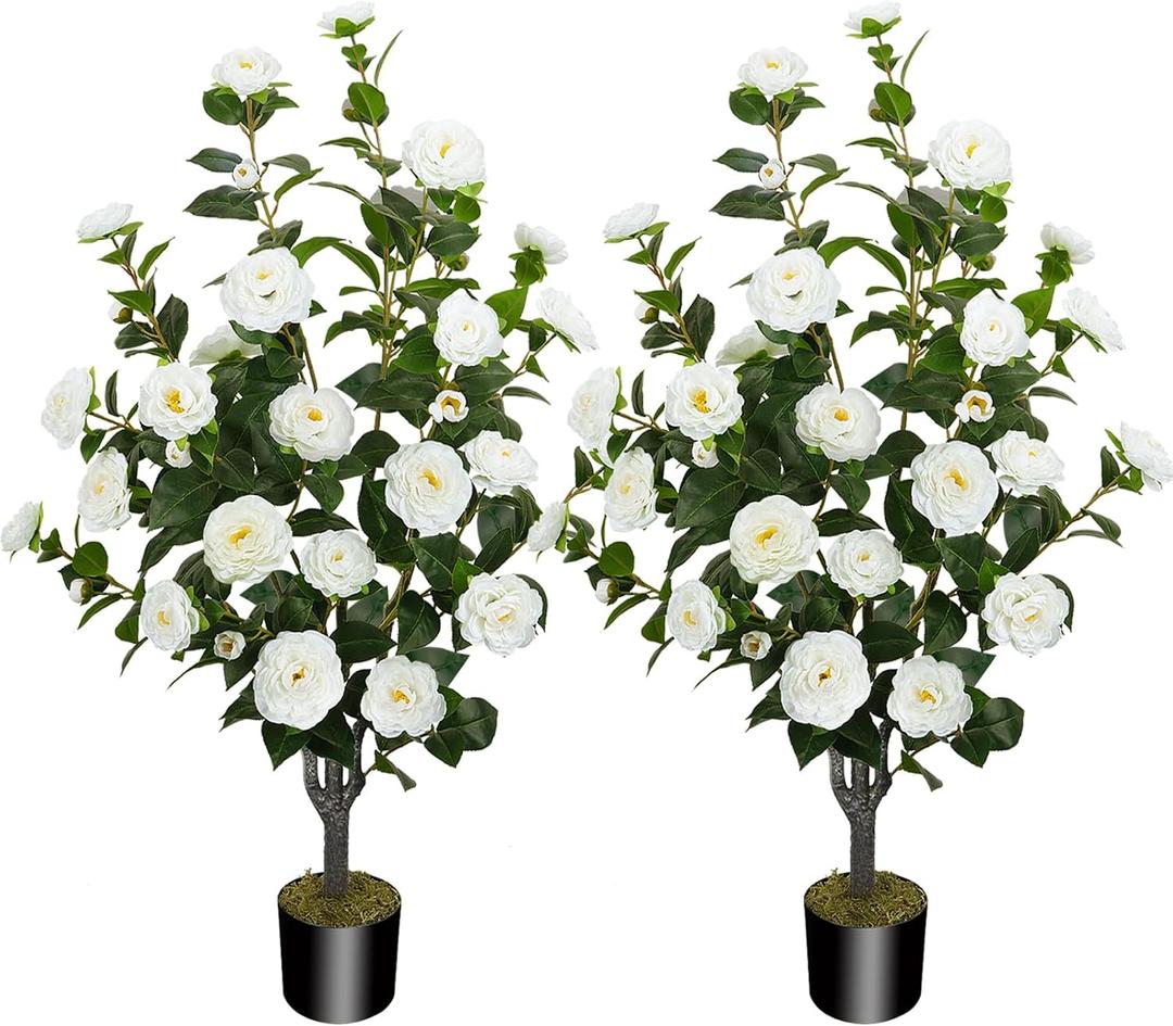 2 Pack 43.3"/3.6FT Artificial Camellia Trees for Outdoor
Fake White Camellia Silk Flowers Tree with Pot, Tall UV Resistant Faux Outdoor Plants for Front Porch Indoor Home Decor