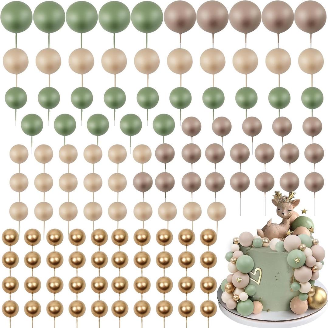 115PCS Ball Cake Topper Sticks Mini Balloons for Cake Decorating Supplies Foam Balls Cake decorations for Baby Shower Cake Birthday Cake Toppers Decorations (Green, KhakiBeige)