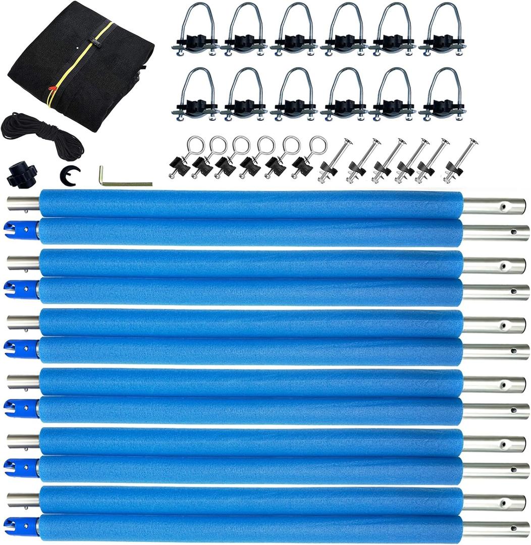 16Ft Trampoline Net and Pole Replacement, Universal Enclosure Poles with Clamp, Screws and Bolts, Tube Caps, Fit 6 Straight 16 Feet Round Trampoline Frame