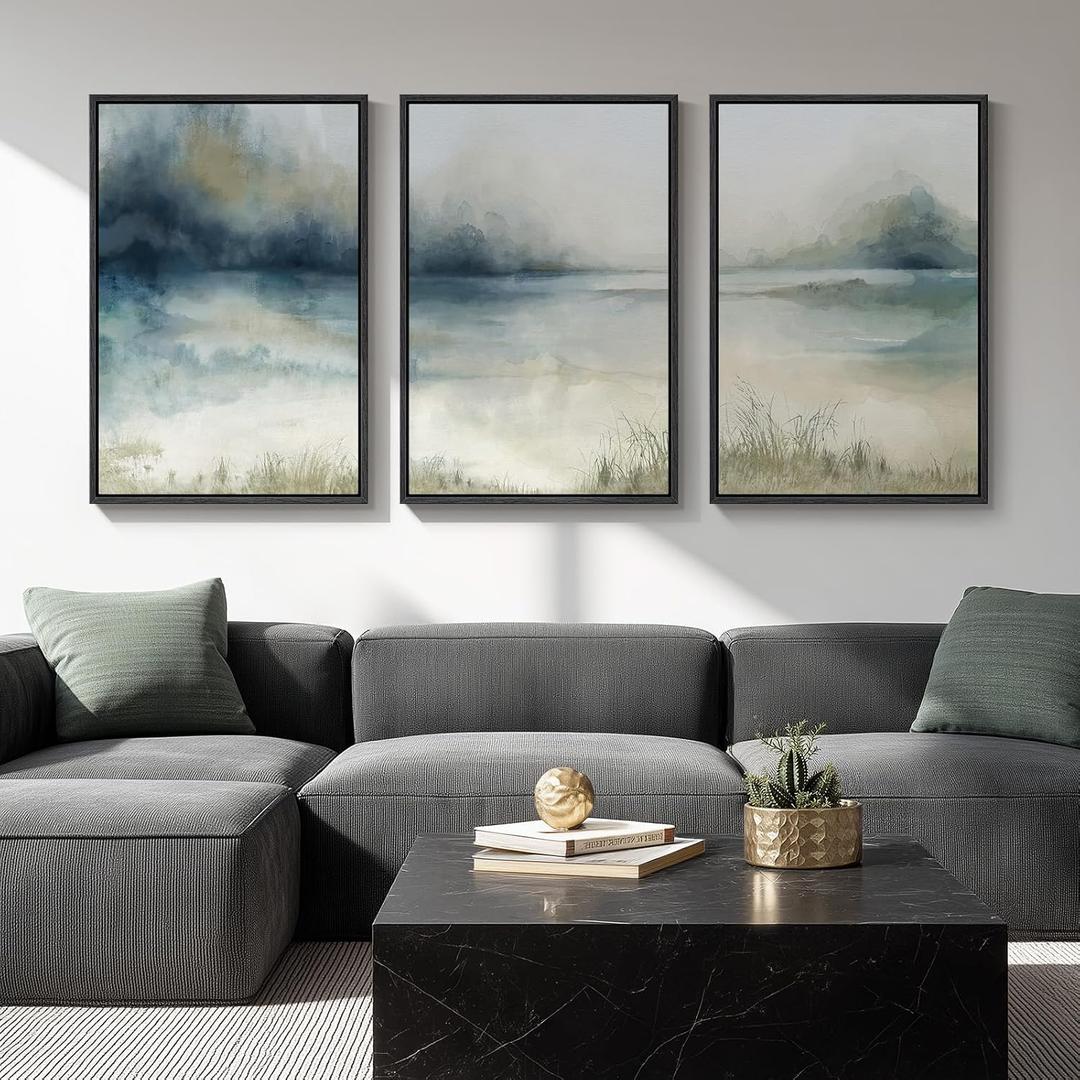 Large Framed Abstract Nature Landscape Wall Art for Living Room, 3 Piece Blue Watercolor Canvas Prints Paintings Artwork for Walls, Misty Lake Mountain Pictures for Hallway Office Wall Decor 24x36 In, 24" W X 36" H X 3pcs