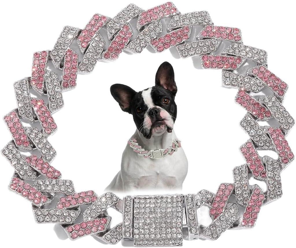 Pink Dog Necklace, Bling Diamond Cuban Link Dog Collars Glitter Rhinestone Puppy Chain for Small Medium Large Pet Dogs, 16-Inch