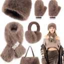 Gifts Sets for Women-5 Piece, Faux Fur Bucket Hat and Glove Set, Valentines Gifts for Her Wife Sister Girlfriends (Elegant Brown)