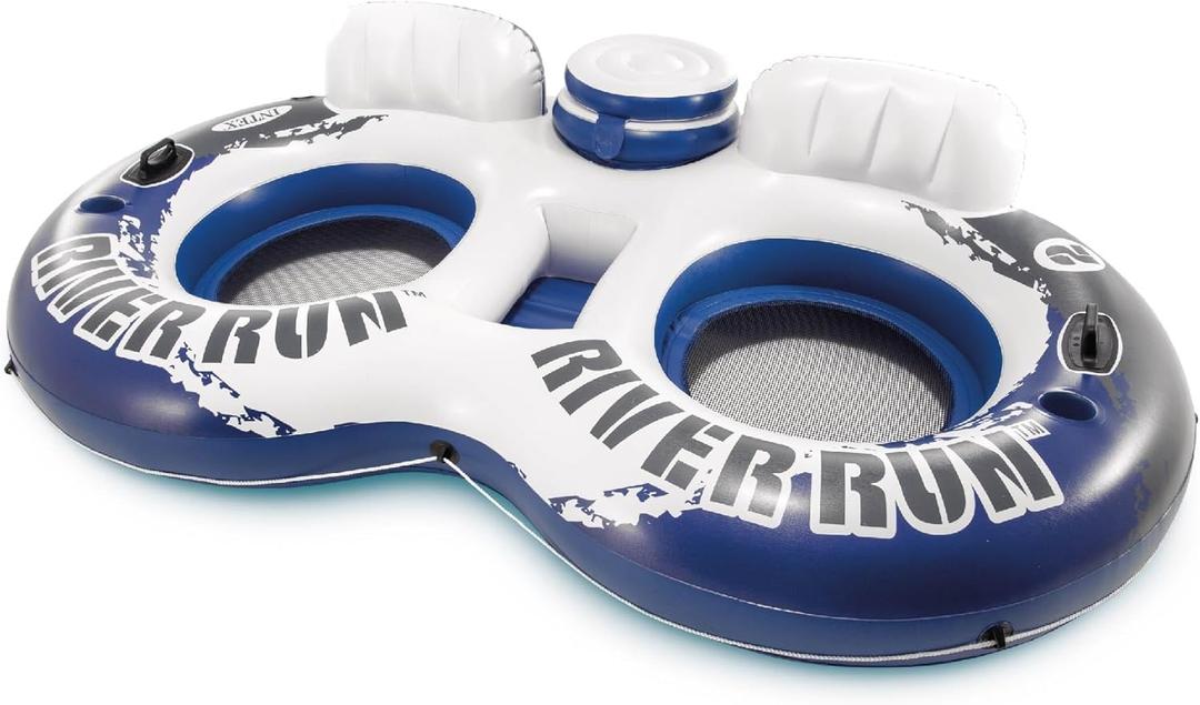 Intex 58837EP River Run 2 Inflatable Floating Lounge: Comfortable Backrests  Built-in Cup Holders  Cooler with Lid  2 Person  440lb Weight Capacity (Blue)